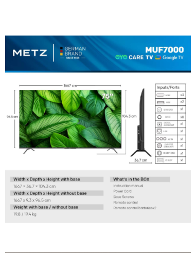 METZ Телевизор 75-quot, UHD LED SMART TV, 4K, Google TV, Frameless