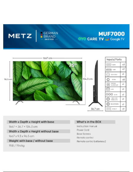METZ Телевизор 75-quot, UHD LED SMART TV, 4K, Google TV, Frameless