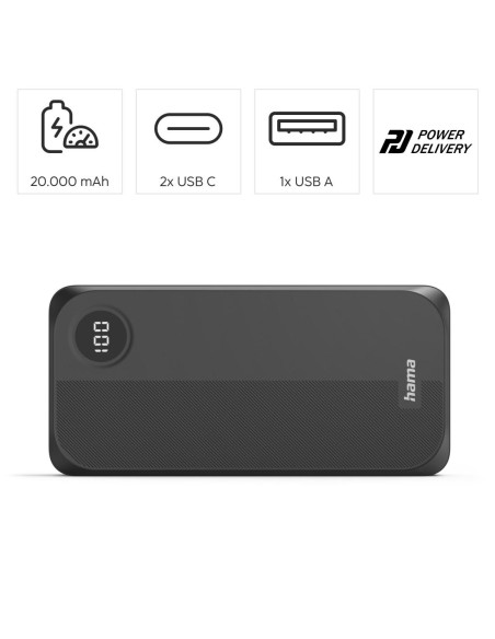 HAMA Външна батерия 20000 mAh, 3 изхода: 2 x USB-C, 1 x USB-A, черна