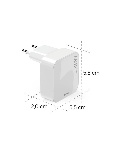 HAMA Бързо мини зарядно GaN, 2 x USB-C, PD, 40 W, сгъващ се адаптер, бял