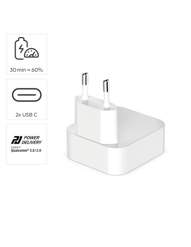 HAMA Бързо мини зарядно GaN, 2 x USB-C, PD, 40 W, сгъващ се адаптер, бял