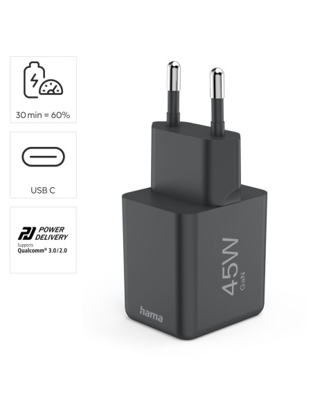 HAMA Бързо мини зарядно GaN, USB-C, PD, 45 W, черно