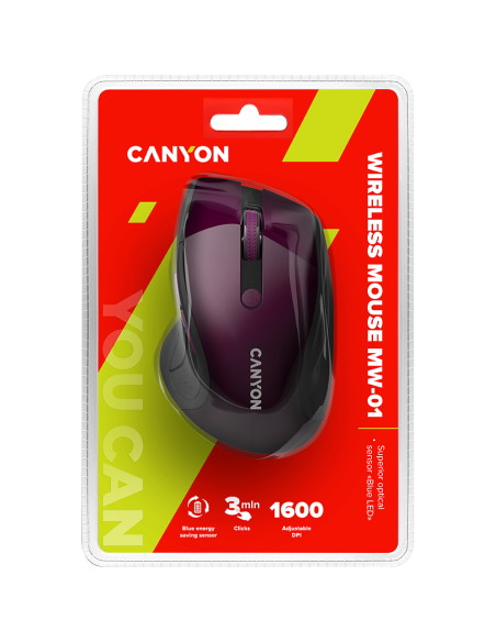 CANYON 2.4Ghz wireless mouse, optical tracking - blue LED, 6 buttons, DPI 1000/1200/1600, Purple pearl glossy