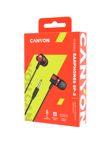 CANYON Stereo earphones with microphone, 1.2M, red