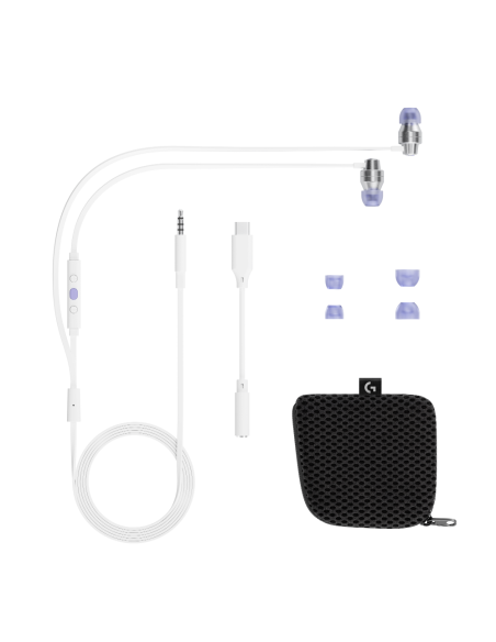 Геймърски слушалки с микрофон Logitech G333 In-ear 3.5 mm + USB-C adapter, тапи жични, бели