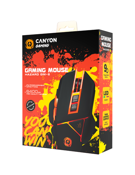 CANYON Optical gaming mouse, adjustable DPI setting 800/1000/1200/1600/2400/3200/4800/6400, LED backlight, moveable weight sl