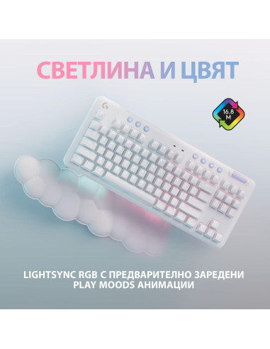 Безжична геймърска механична клавиатура Logitech G G715, TKL, Tactile, RGB LED, US Layout, бяла