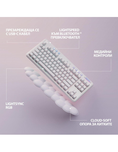 Безжична геймърска механична клавиатура Logitech G G715, TKL, Tactile, RGB LED, US Layout, бяла
