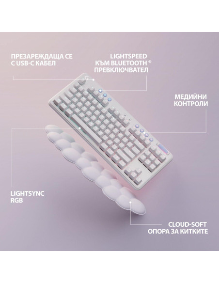 Безжична геймърска механична клавиатура Logitech G G715, TKL, Tactile, RGB LED, US Layout, бяла