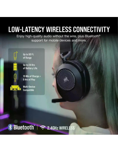 Геймърски слушалки с микрофон Corsair HS65 v2 Carbon безжични и блутут PC/PS5/PS4, Black