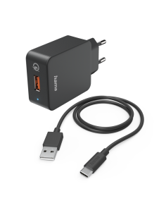 Мрежово зарядно HAMA, 220V, USB-C, Qualcomm, Quick Charge, 19.5W, Вкл. кабел, Черен