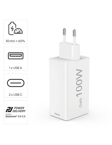 HAMA Бързо зарядно 220V, 100 W GaN, 2x USB-C PD, 1x USB-A QC