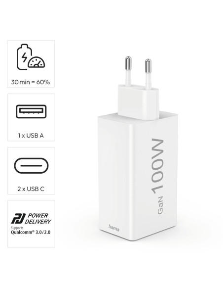 HAMA Бързо зарядно 220V, 100 W GaN, 2x USB-C PD, 1x USB-A QC