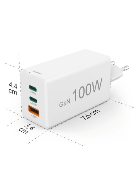 HAMA Бързо зарядно 220V, 100 W GaN, 2x USB-C PD, 1x USB-A QC