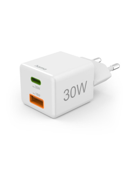 HAMA Бързо мини Gan зарядно, 30 W, 1x USB-C, 1x USB-A, PD, бял