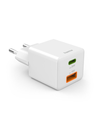 HAMA Бързо мини Gan зарядно, 30 W, 1x USB-C, 1x USB-A, PD, бял