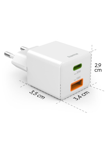 HAMA Бързо мини Gan зарядно, 30 W, 1x USB-C, 1x USB-A, PD, бял