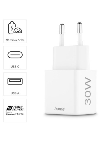 HAMA Бързо мини Gan зарядно, 30 W, 1x USB-C, 1x USB-A, PD, бял
