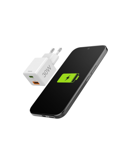 HAMA Бързо мини Gan зарядно, 30 W, 1x USB-C, 1x USB-A, PD, бял