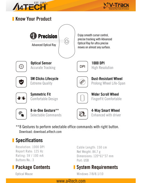 A4tech OP-330S Оптична мишка V-Track, безшумен клик, 1000 dpi,USB черна