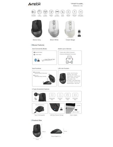 A4tech FB45CS Air-N039,2 Stone grey безжичнa мишка, Dual mode, до 2000 dpi, черна