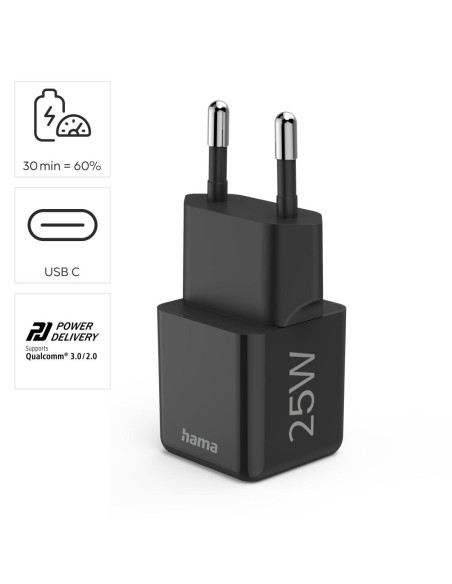 HAMA Бързо мини зарядно 220V, USB-C, PD/Qualcomm, 25 W, черен