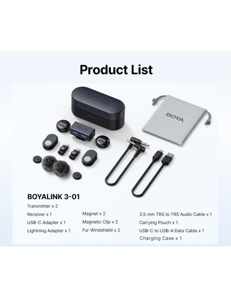 Безжична система микрофони BOYA BOYALINK 3-01 with lightning+USB-C +3.5mm TRS plug