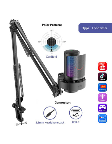 Микрофон със стойка FIFINE A8T RGB - Black