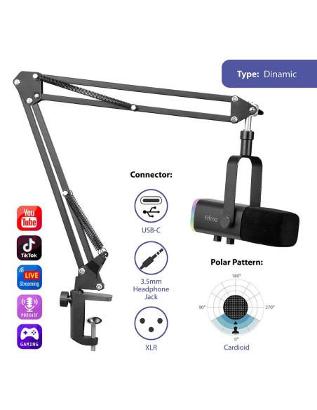 Микрофон със стойка FIFINE AM8T Dynamic RGB - Black