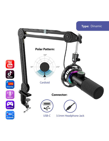 Микрофон със стойка FIFINE T658 Dynamic RGB - Black