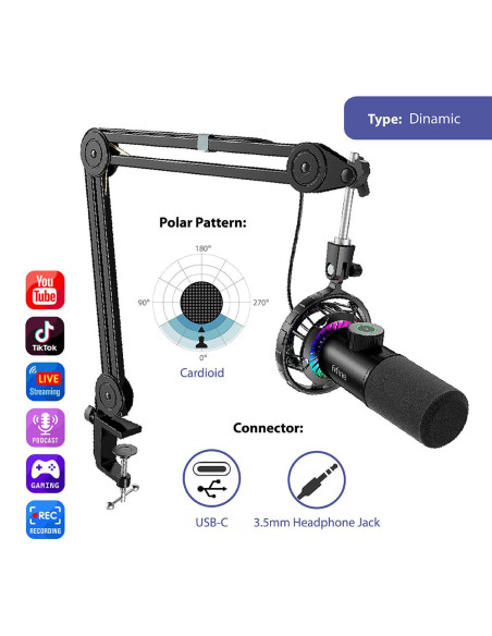 Микрофон със стойка FIFINE T658 Dynamic RGB - Black