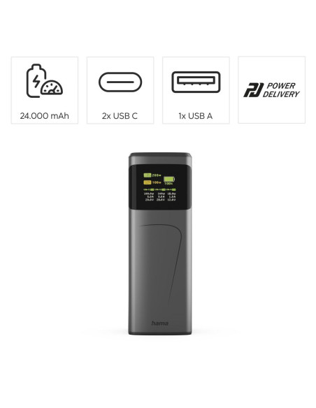 HAMA Външна батерия -bdquo,High Power-ldquo,, 200 W, 24000 mAh, 2x USB-C, USB-A, бързо зареждане